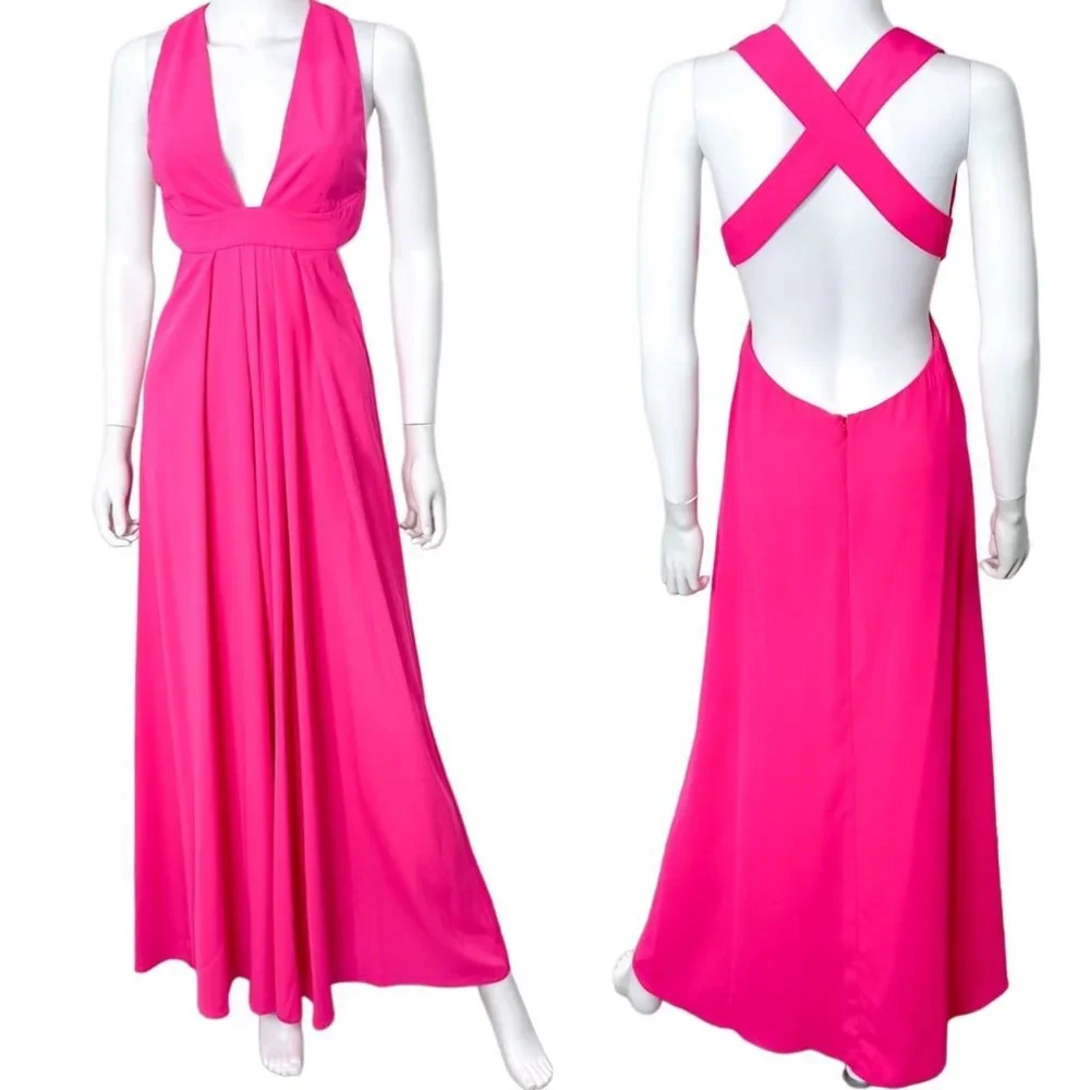 JILL Jill Stuart Plunge Deep V Cross Back Cut Out Maxi Dress Gown in Gossip Pink